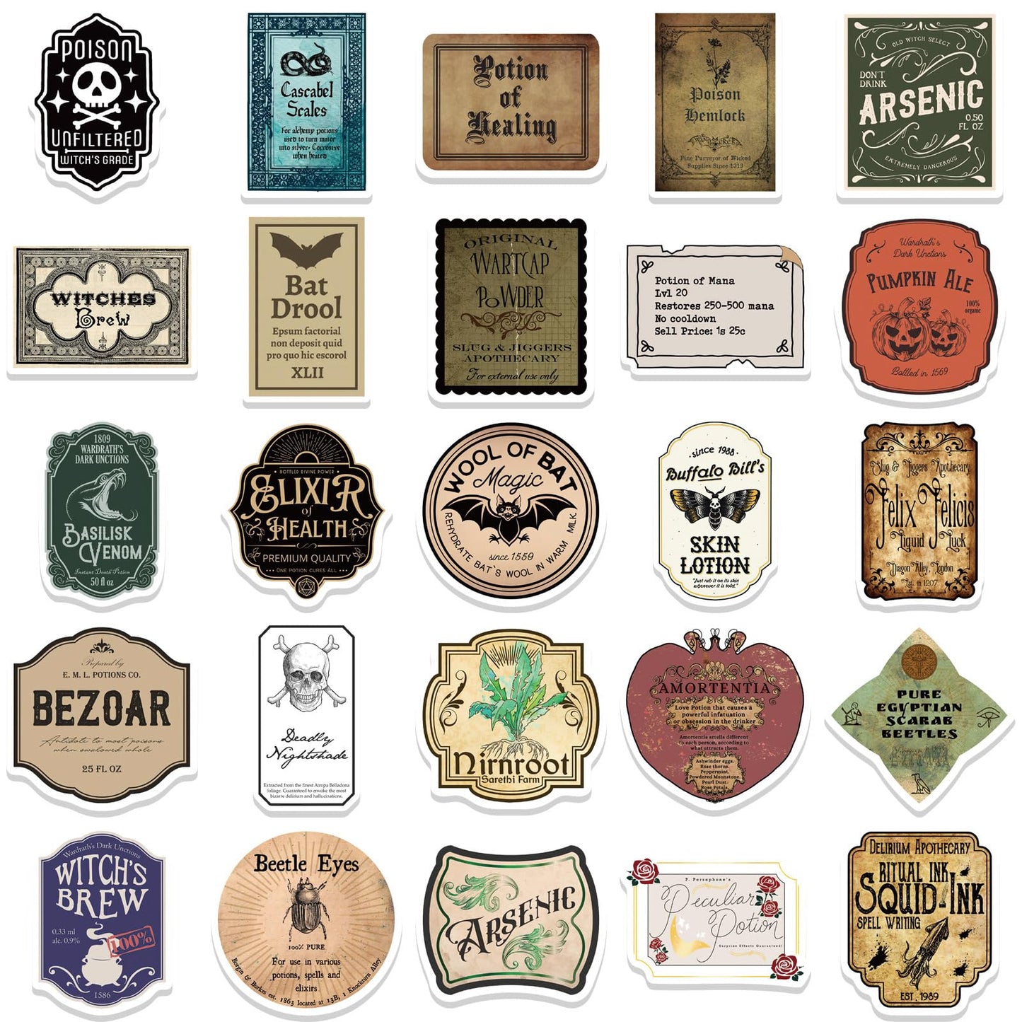 TWGOGOTIC Potion Label Stickers 50Pcs Magic Potion Stickers Water Bottle Waterproof Aesthetic Vinyl Laptop Luggage Skateboard Computer Stickers for Kids Teens Adult