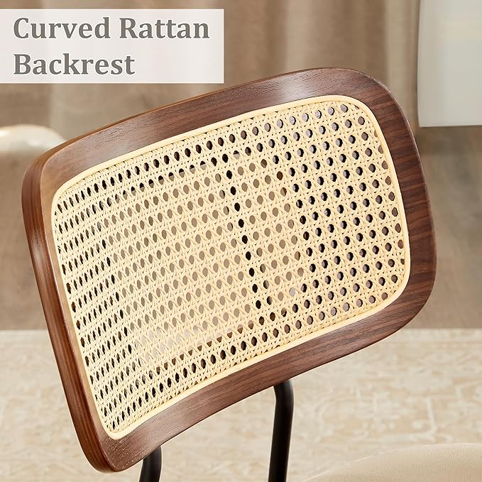 Quenvo Swivel Dining Chairs with Rattan Back, Rattan Leather Dining Chairs with Swivel Metal Legs, Mid-Century Modern Synthetic Leather Upholstered Kitchen Chair, Set of 4, Beige