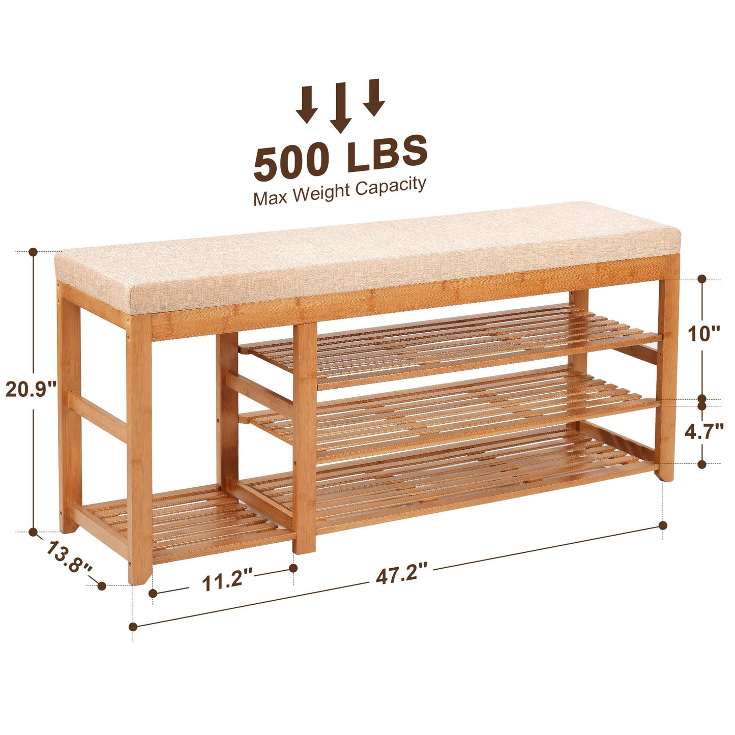 PETKABOO 47.2 in Shoe Rack Bench with Cushion, 3 Tier Bamboo Entryway Bench with Storage for Entryway, Hallway, Bedroom, Living Room