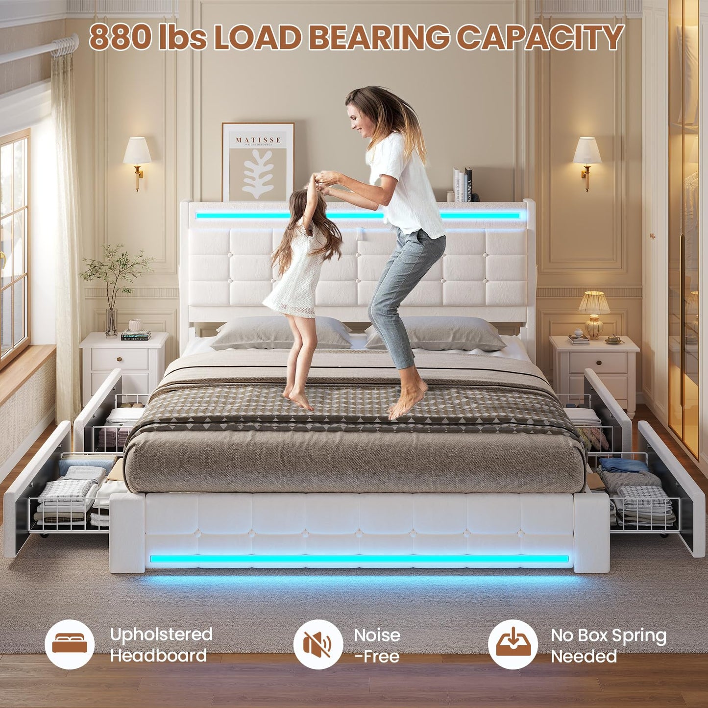 ADORNEVE King Bed Frame with Storage Headboard & 4 Drawers, LED Bed Frame King with Charging Station, Leather Upholstered Platform Bed Frame with Button Tufted, No Box Spring Needed, Creamy White