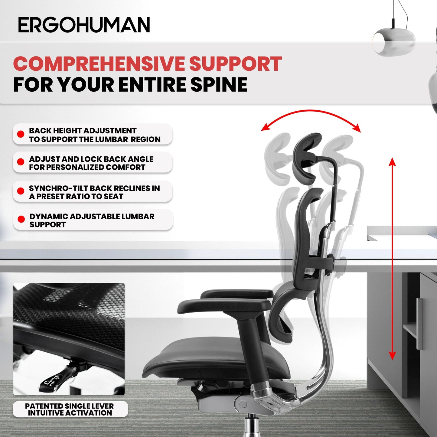 Ergohuman Eurotech LE9ERG Executive High Back Leather Swivel Chair - Office Chair with Tilt Tension Control, Tilt Lock, Back Angle & Height, Synchro Tilt, Seat Height & Depth, & Arm Height Adjustments
