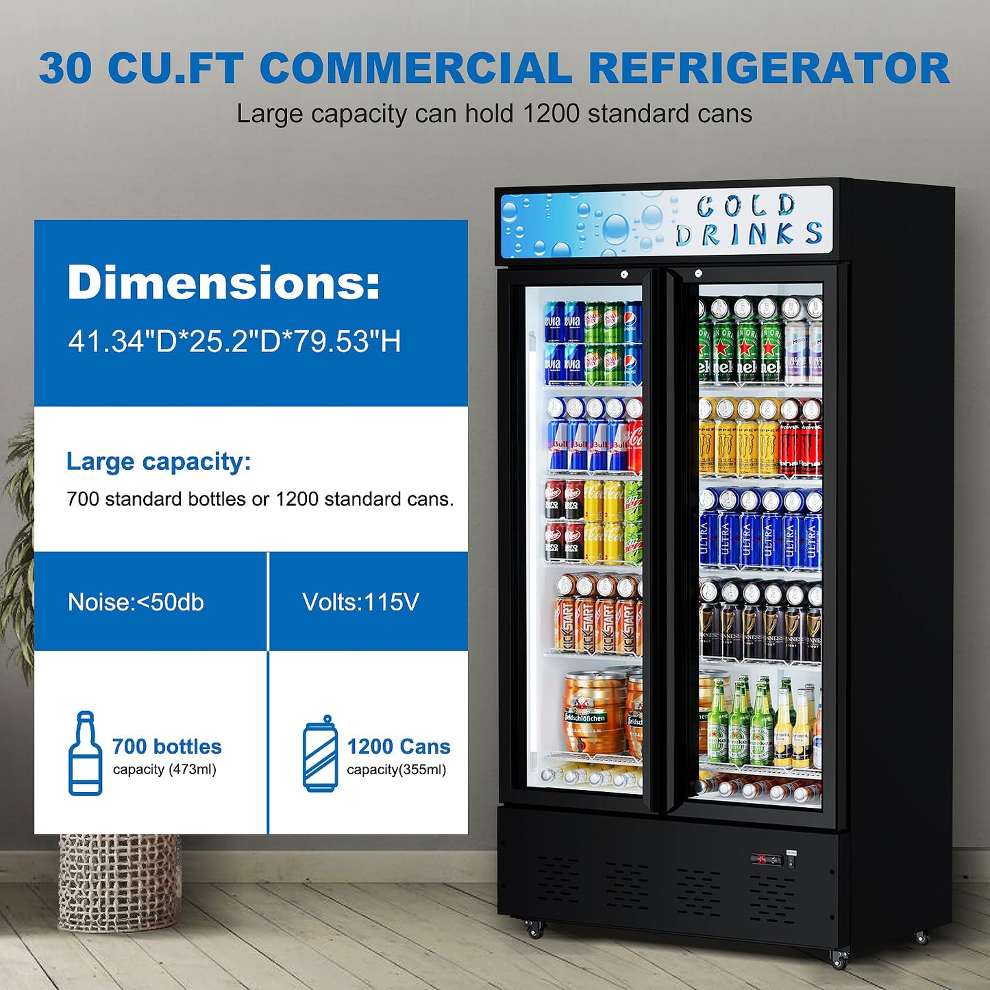 ECEVT 30 Cu.ft. Commercial Beverage Refrigerators Glass Door Refrigerator Upright Display Cooler with Soft LED Light and Adjustable Shelves for Restaurant Grocery Stores Home