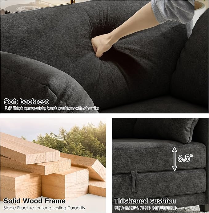 kakuboohi 51" Loveseat Sleeper Sofa Bed, Chenille Convertible Floor Sofa Bed for Small Spaces, Folding Couch Bed with Deep Seat, 2 Pillows & Solid Frame, Pull Out Floor Couch for Living Room, Black