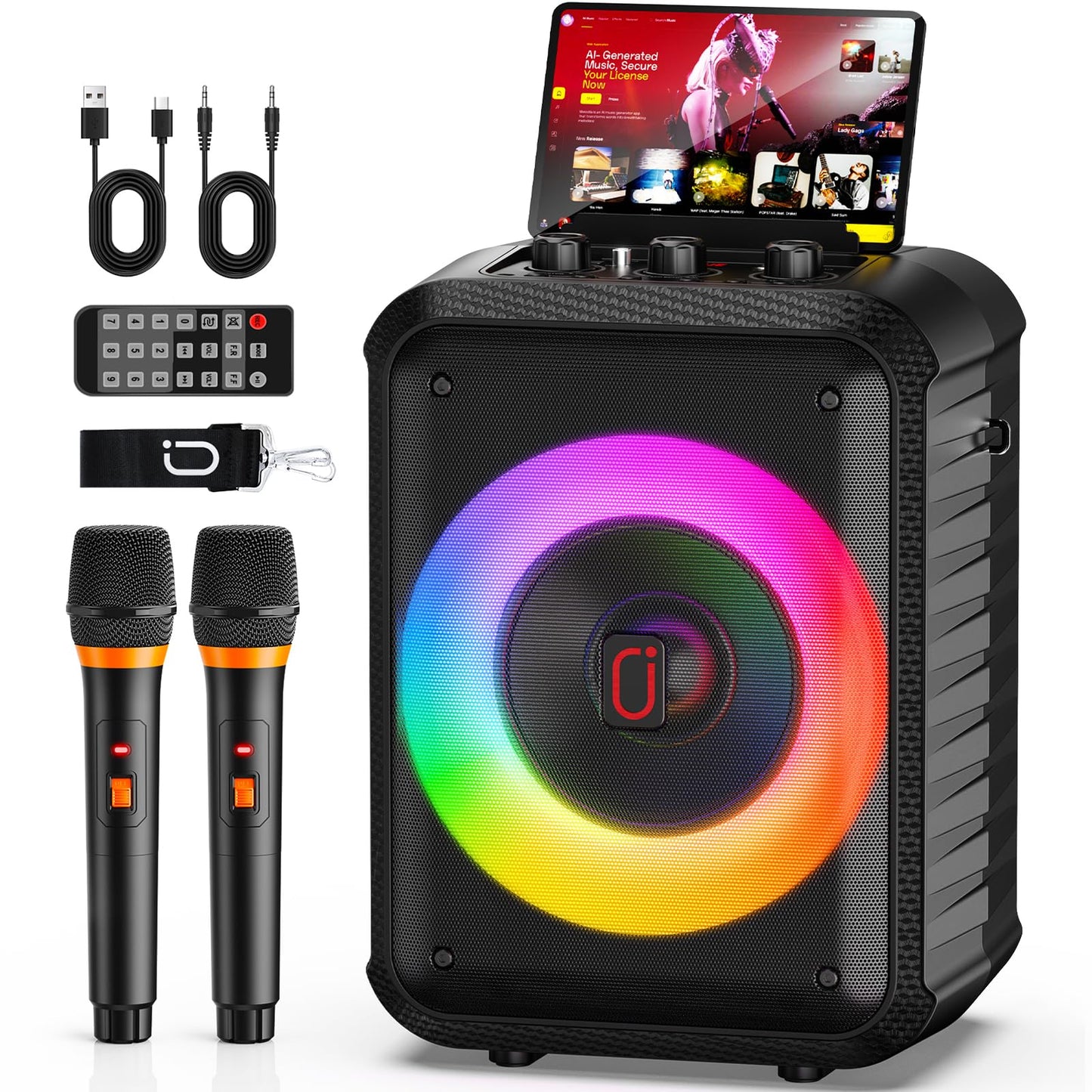 JYX Karaoke Machine, Portable Bluetooth Speaker with 2 Wireless Microphones, RGB Lights, Echo, 40W 5.25  Woofer, Rechargeable, A