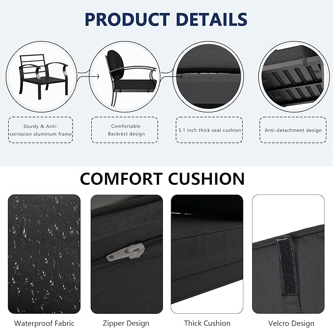 RTDTD Aluminum Outdoor Patio Furniture Set,7 Seats Patio Conversation Sets with 2 Round Coffee Tables,Metal Patio Sectional Furniture Set with 5.1" Thickened Cushions,Black