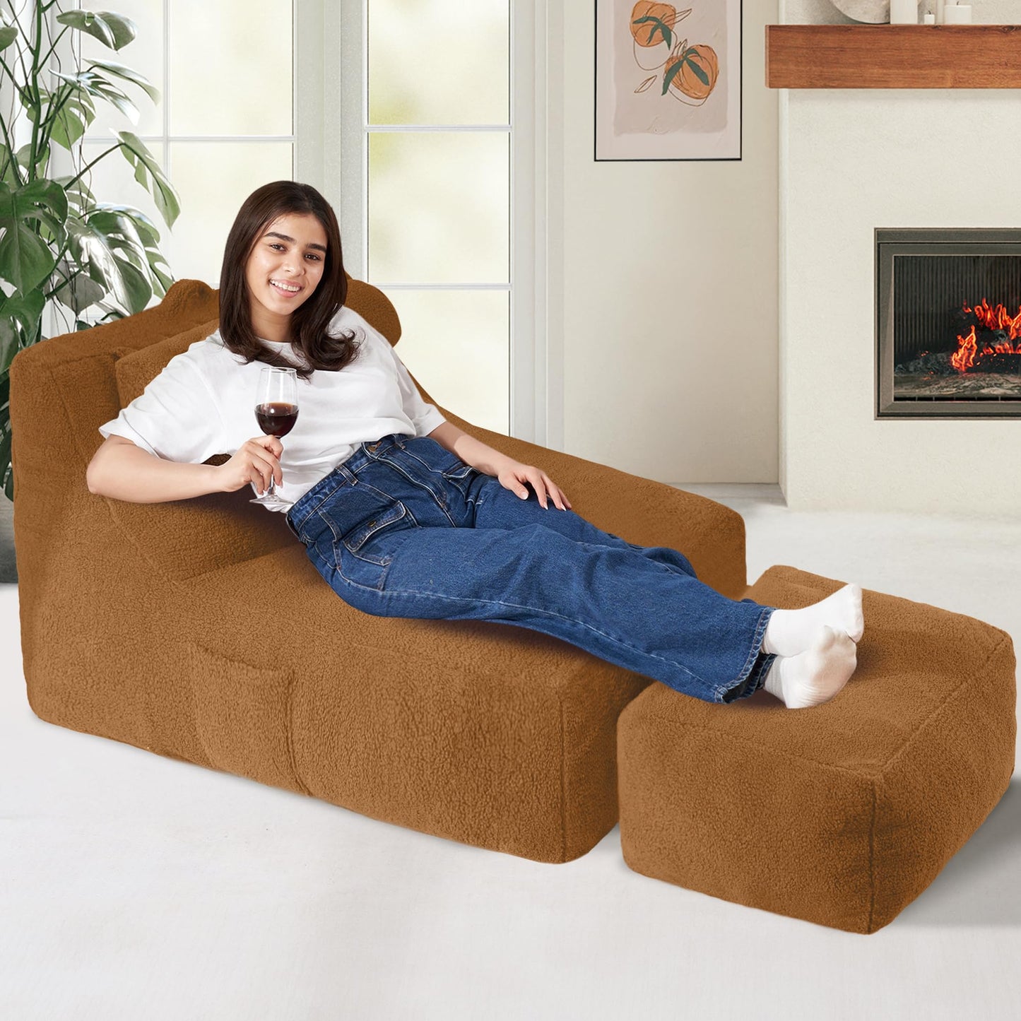 HABUTWAY Giant Bean Bag Chairs for Adults with Ottoman&Storage Pocket, Big BeanBag Chair Large Bean Bag Couch with Memory Foam Filled, Soft Faux Fur Bean Bag Sofa for Living Room(TEDDYBROWN)