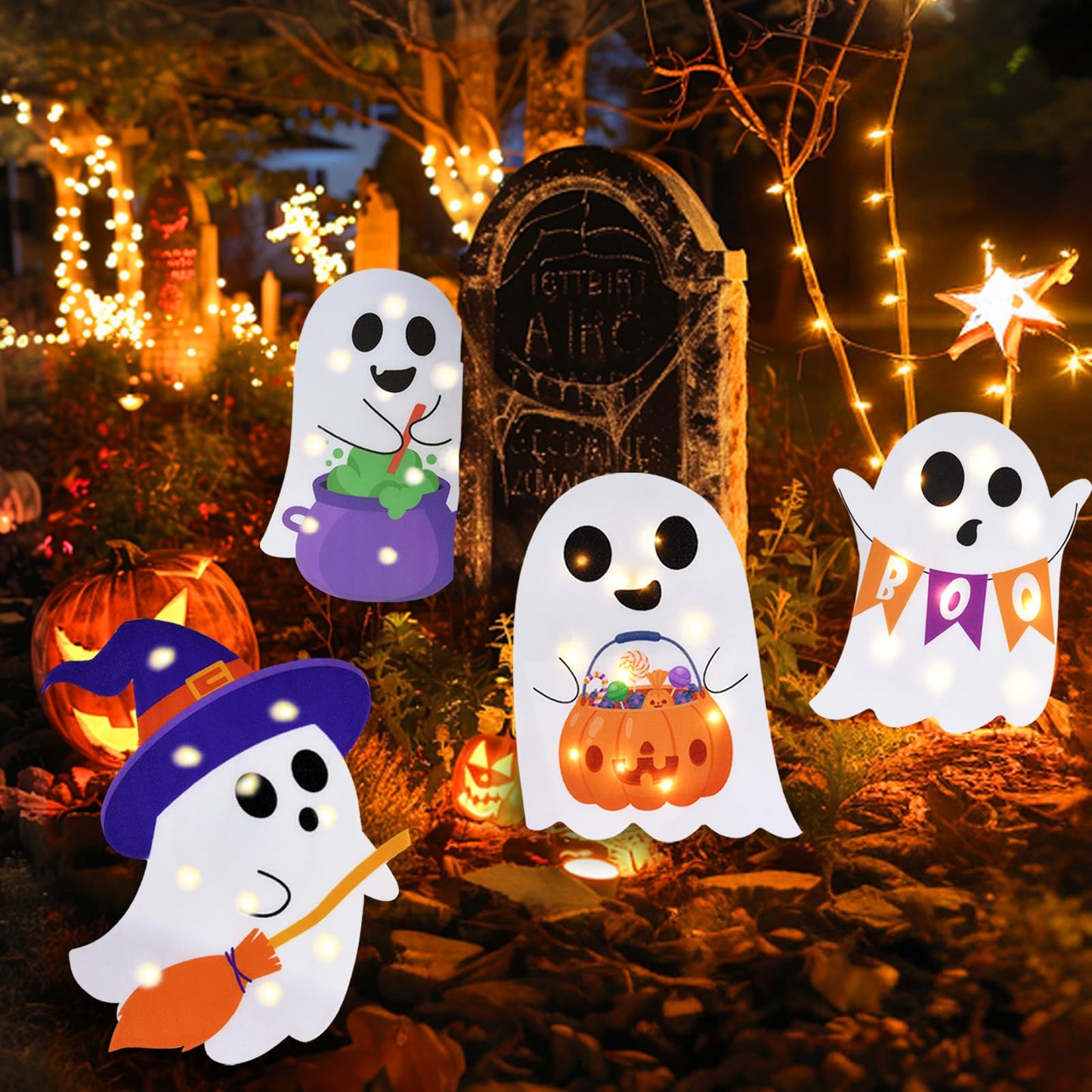 Lighted Cute Ghost Yard Signs, 4 Packs Halloween Decorations Outdoor Scary Witch Pumpkin Boo Signs with Lights for Lawn Garden Yard Stakes Outside Halloween Decoration Decor Clearance