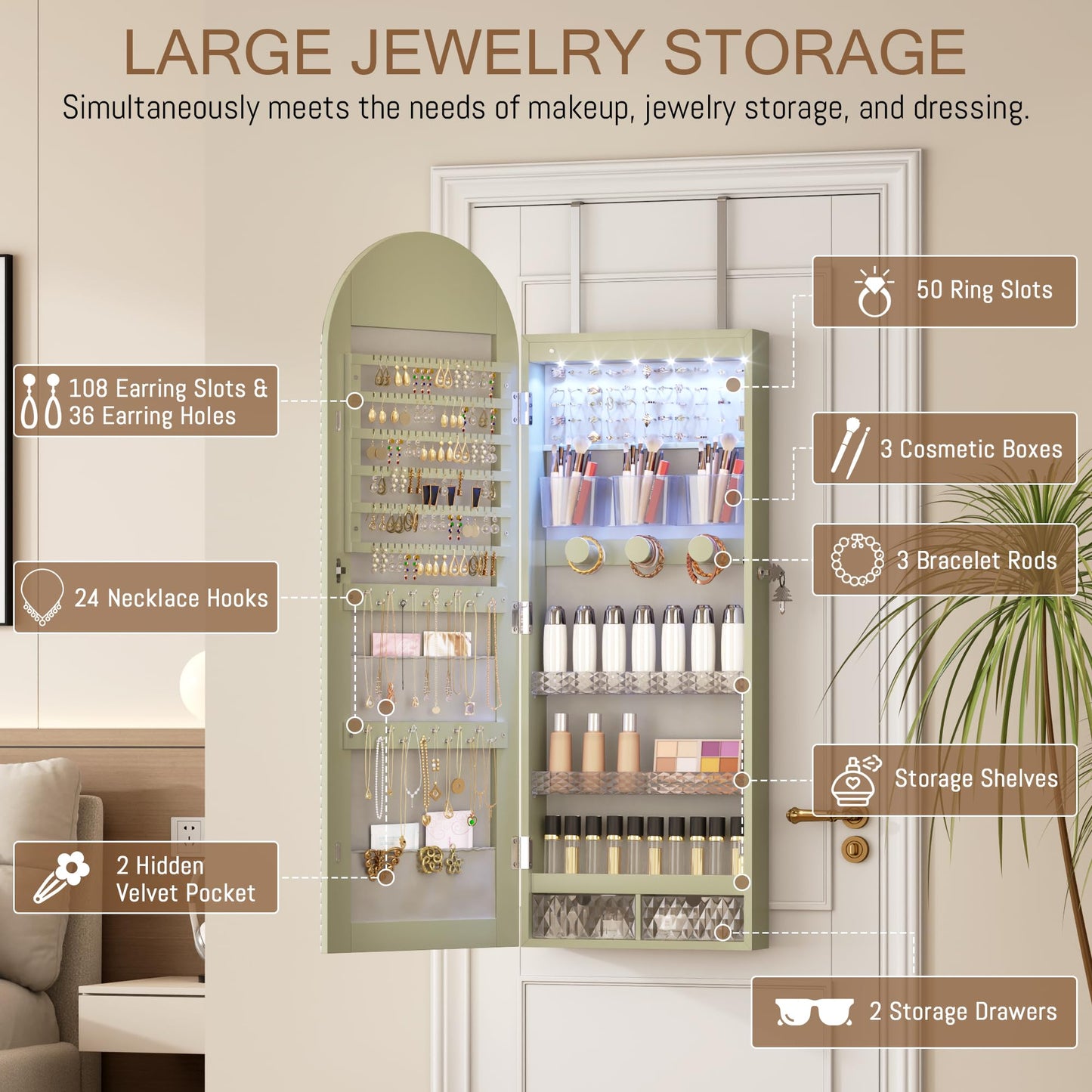 LVSOMT Wall Mounted Jewelry Organizer Lockable, Door Hanging Arched Mirror with Lights and Jewelry Storage, 6 LEDs Jewelry Cabinet (Laurel Green)