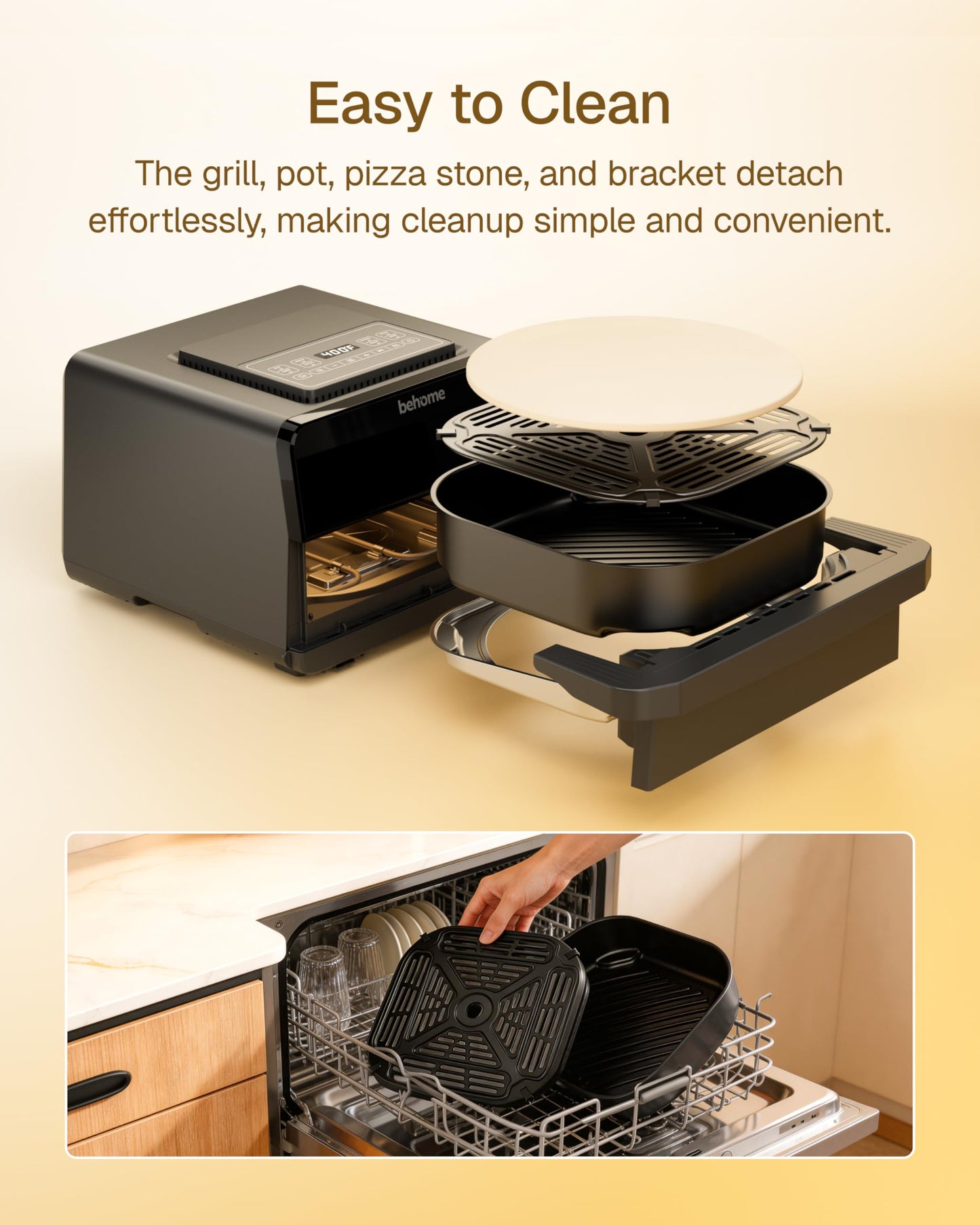 Behome Indoor Pizza Oven & Air Fryer, 6.5 QT Family Size with Pizza Stone, 9 Cooking Preset with Viewing Window &Light, 105°F-450°F Adjustable for Air Fry, Roast, Bake, Dehydrate, Fries, 1700W, Black