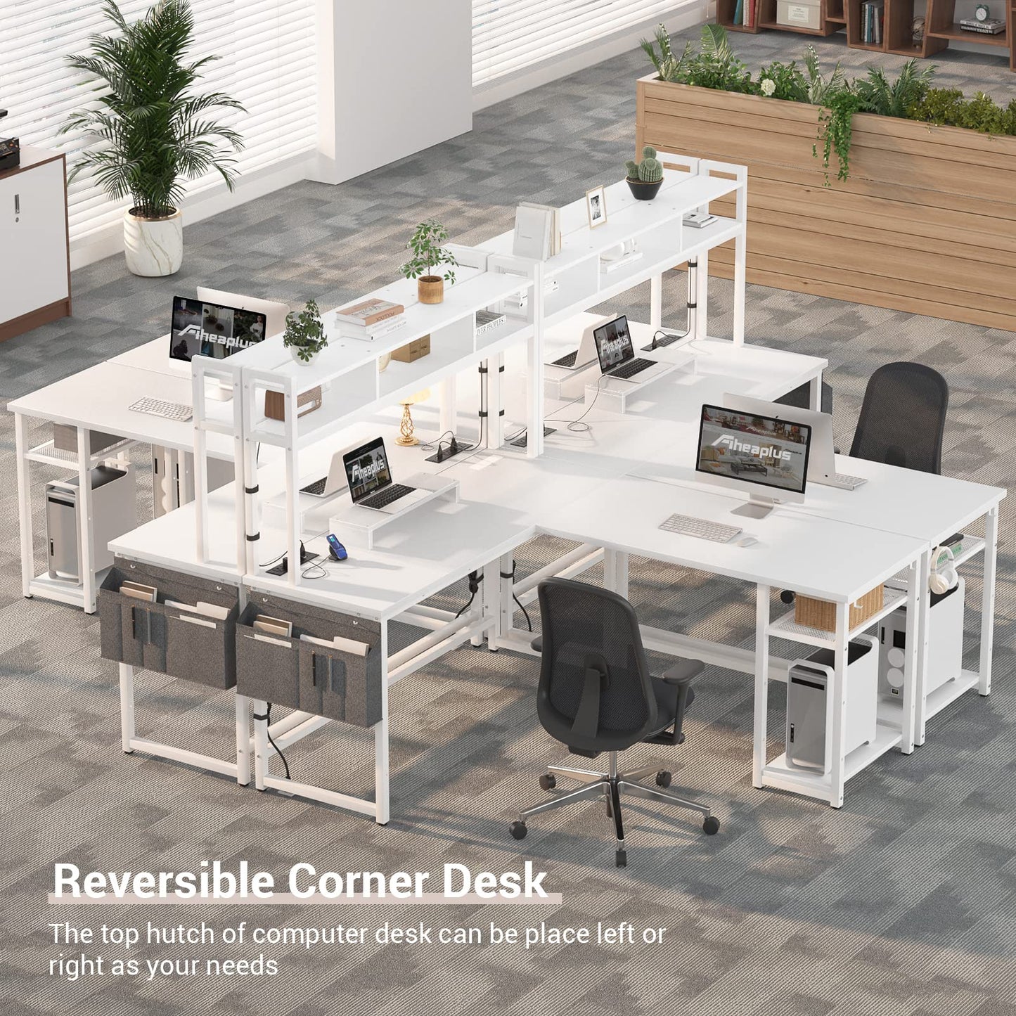 Aheaplus L Shaped Gaming Desk, Reversible 59" and 86" Computer Desk with Power Outlet & LED Strip, Large Gaming Desk with Storage Shelf & Monitor Stand, L Shaped Desk for Home Office, White