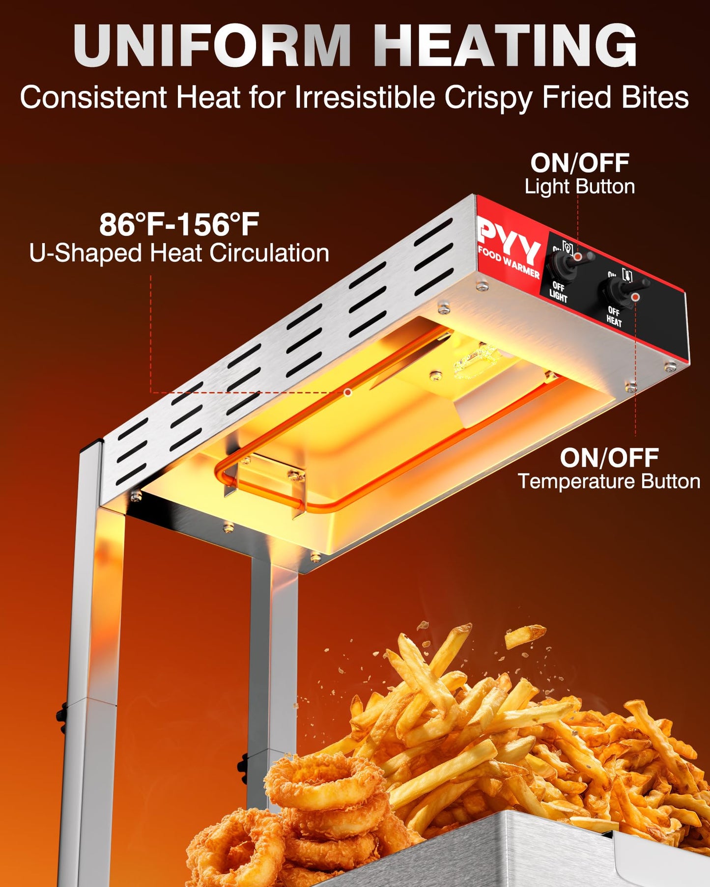 PYY French Fry Warmer - Update Commercial Food Heat Lamp Fry Dump Station Chip Warmer Food Warmer Adjustable Height 7.9"-11" Temp 86°F-156°F Countertop Freestanding for Restaurant Buffet