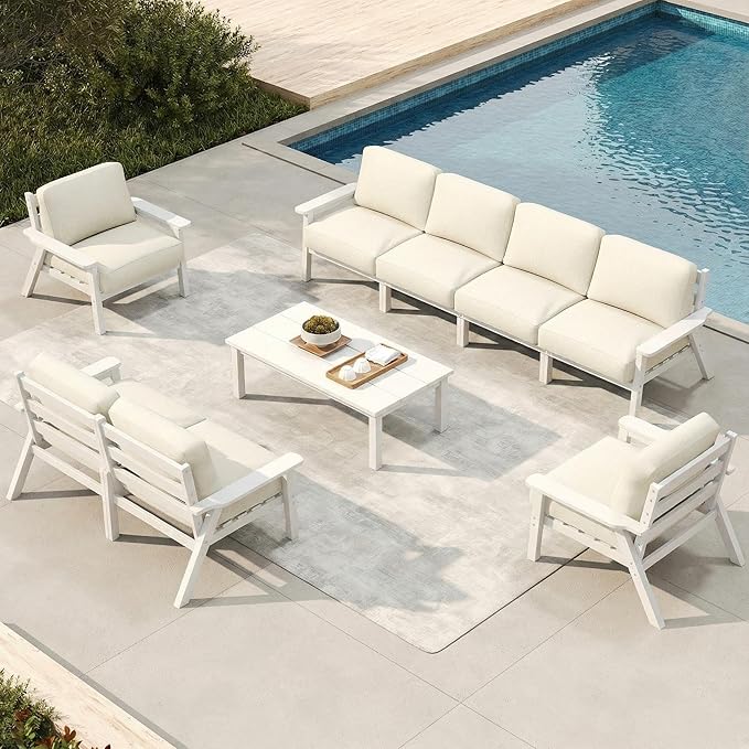 Patio Kingdom Patio Furniture Set 8 Seats, HDPE Outdoor Sectional with Beige Washable Thick Cushions, Coffee Table, Patio Conversation Sets for Lawn, Garden, Porch, Balcony, Deck (White Frame)