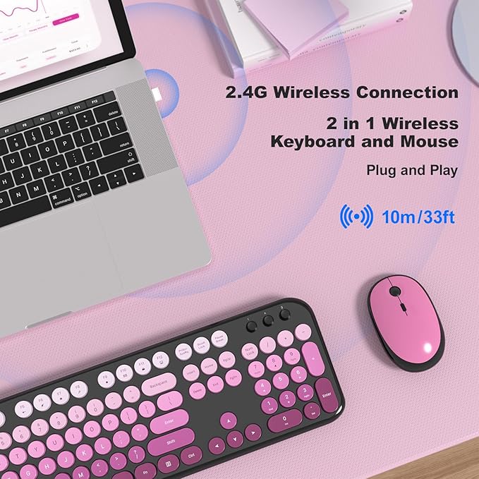 Wireless Keyboard and Mouse Combo, MOWUX Colorful Computer Full Size 2.4G Plug and Play Wireless Typewriter Keyboard and Mouse Set for Computer, Desktop, PC (Black Pink Gradient)