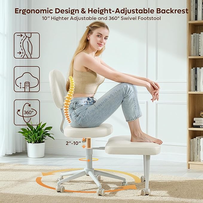 Cross Legged Office Chair with Wheels for ADHD, Ergonomic 360° Swivel Height-Adjustable Meditation Chair for Yoga, Kneeling Chair with 4 inch seat Cushion and Lumbar Support, PU Leather, Off White