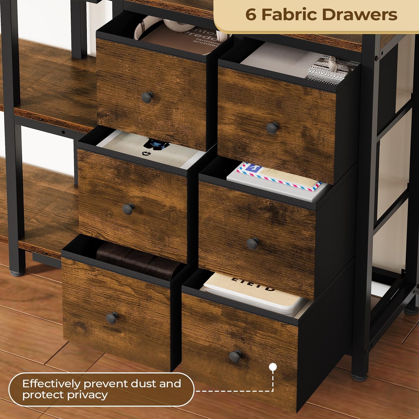 BTHFST Corner Bookshelf 6 Tier, 70.9" Convertible Tall Bookshelf with 6 Fabric Drawers, Corner Bookcase with Metal Doors, Large Display Shelf Book Shelf for Living Room,Home Office, Rustic Brown