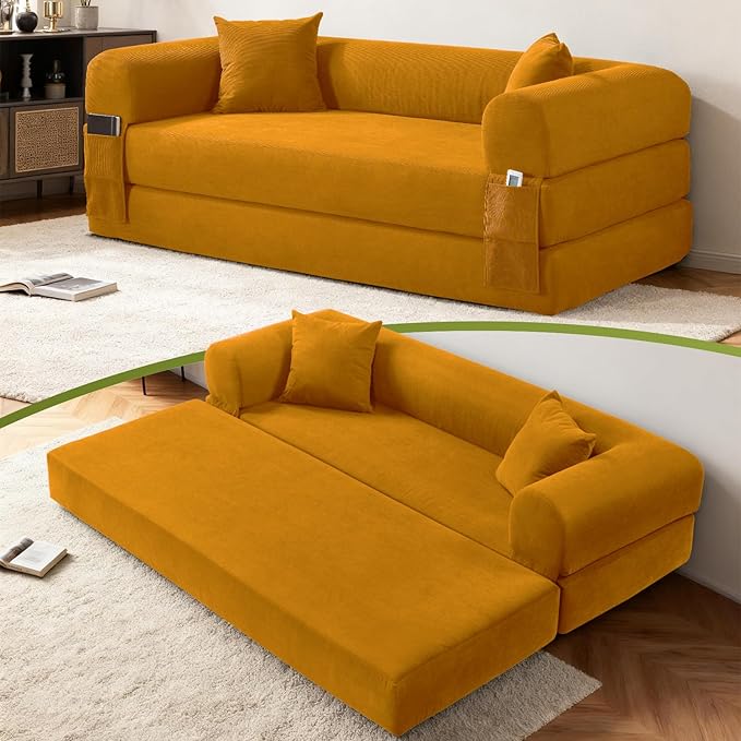 GJQ 80" Convertible Sofa Bed,Corduroy Folding Sleeper Sofa Bed Queen with Pillows & Storage,Modular Pull Out Couches Boneless Couch for Living Room,Compressed Couch in a Box,Yellow