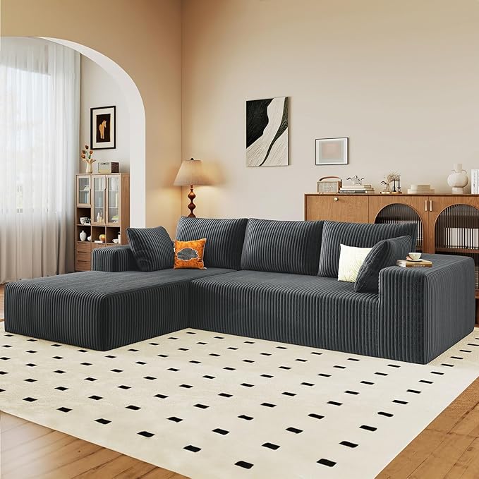 96" Cloud Sectional Couch with L-Shape Chaise, Modern Corduroy Boneless Couch for Living Room,Memory Foam Sofa with Deep Seat,No Assembly Required (Grey,Left-Facing Chaise)