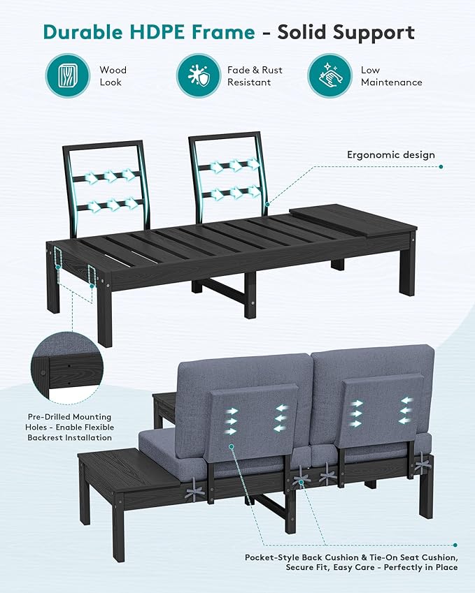 SERWALL HDPE Outdoor Furniture Set, 6 Seats Outdoor Sectional with Coffee Table, Outdoor Conversation Sets with Adjustable Backrest Sofa for Deck, Yard and Balcony, Black Frame with Grey Cushion