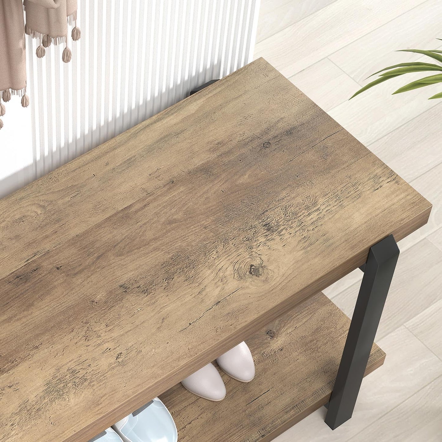 FOLUBAN Entryway Bench, Industrial Shoe Storage Bench for Bedroom Living Room, Modern Indoor Bench Seat for Hallway Front Door Entrance, Easy Assembly, Oak 47 inch