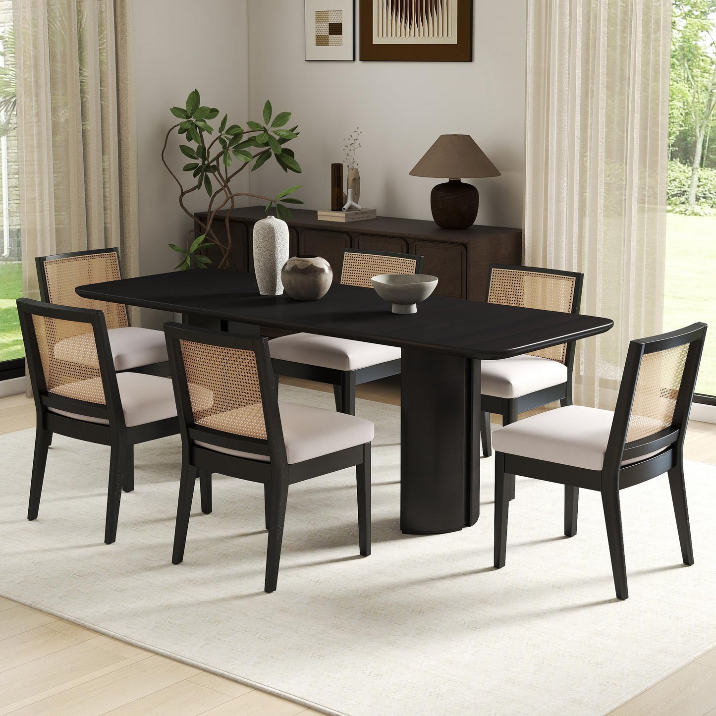 BESTANO Farmhouse Rattan Dining Chairs Set of 6 Black Wood Dining Room Chairs Rectangle Cane Country Kitchen Chairs Upholstered Wood Dining Chair for Dining Room, Cream Linen