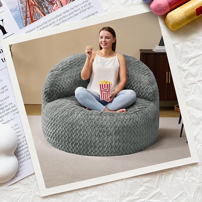 Hobestluk Bean Bag Chair Giant Bean Bag Chairs for Adults Big Bean Bag Chair with Memory Foam Filler Adults Large Beanbag with Faux Fur Cover for Bedroom (Chevron Grey,Large)