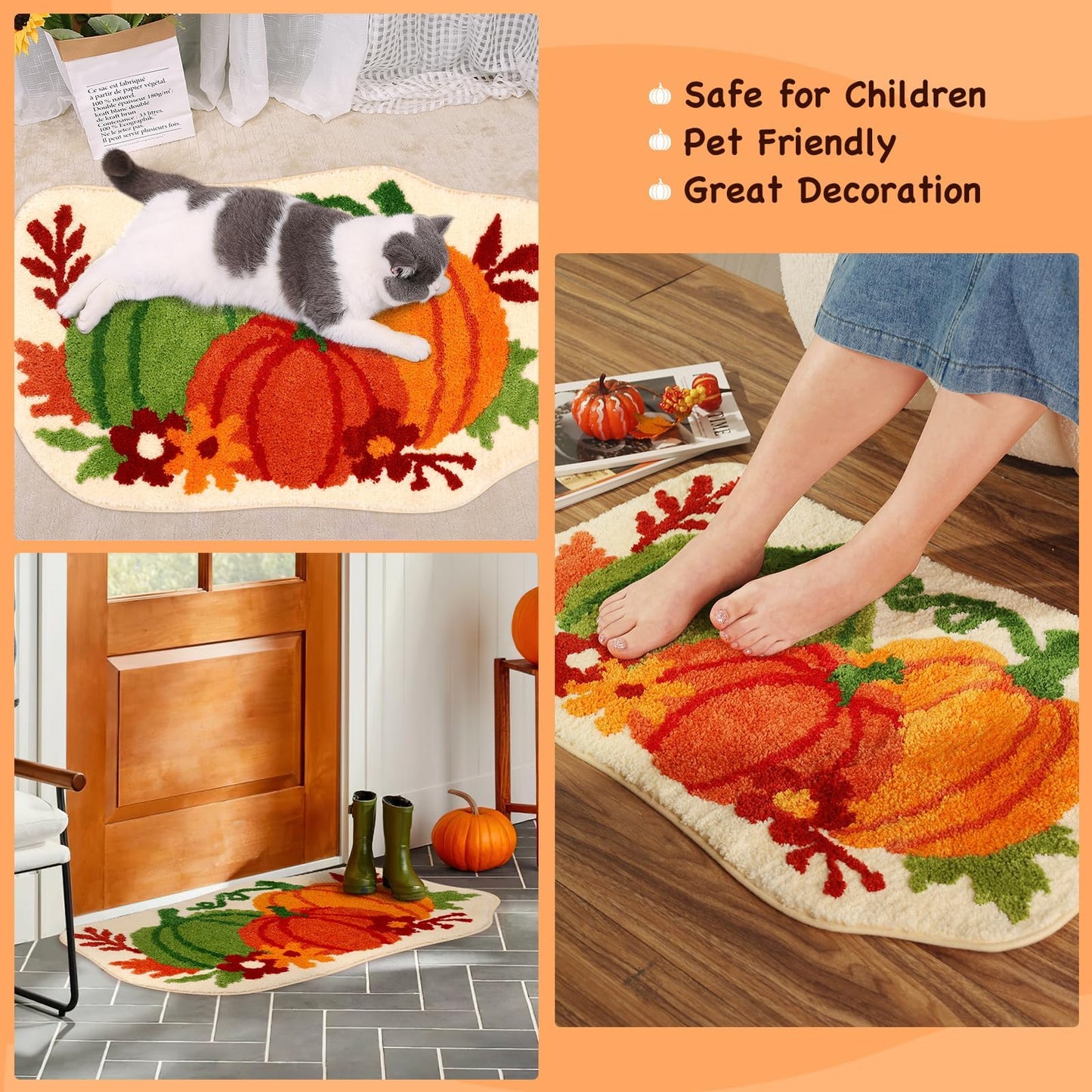 Percozzi Fall Pumpkin Bathroom Rug, Bath Mat Water Absorbent Non-Slip Washable for Shower Tub Bedside Floor Small Tufted Carpet Halloween Thanksgiving Accent Area Rug Decoration