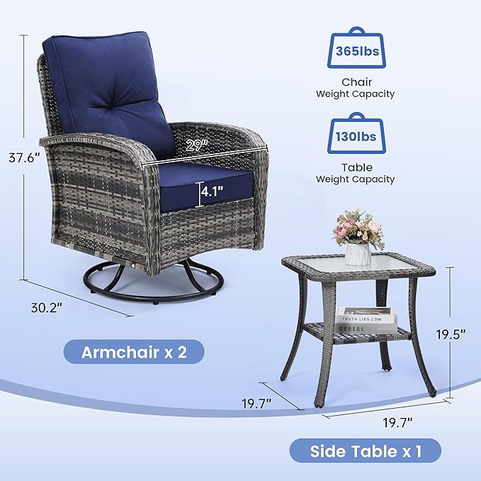 wildformers Luxury Outdoor Swivel Wicker Glider Patio Chairs with Table Set, Overstuffed Washable Cushions, Ideal for Porch, Balcony, Deck, Grey Rattan and Blue Cushion