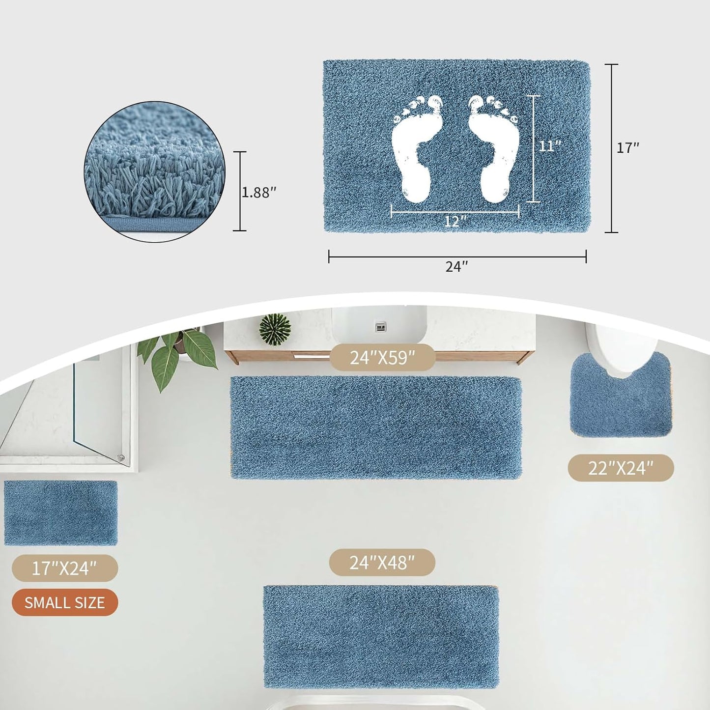 Small Bathroom Rug 17x24 Non Slip Blue Fluffy Bath Mat for Bathroom Floor Washable Plush Luxury Bath Rug for Tub Soft Shaggy Absorbent Shower Mat