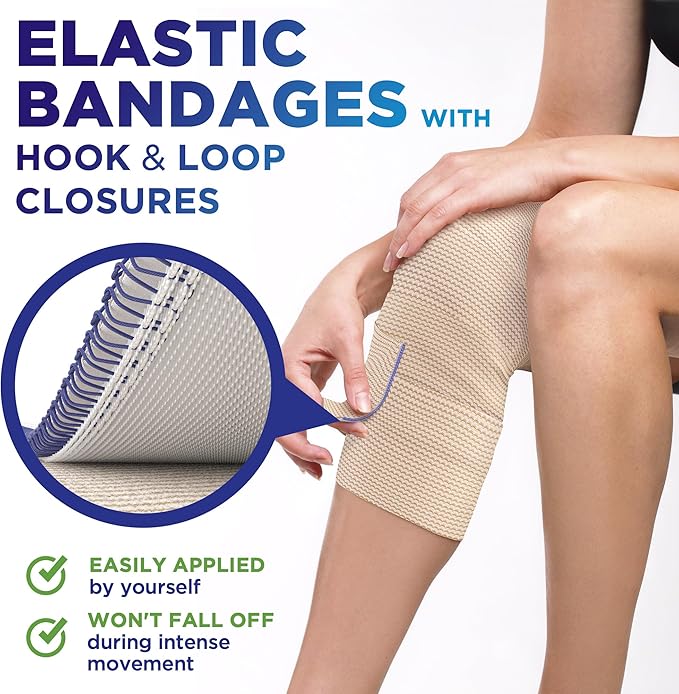 Premium Elastic Bandage Wrap - 4” (5pk) - Strong Compression - Self-Closing Reusable Bandages for Legs and Arms - Wrist, Elbow, Foot, Knee Wrap