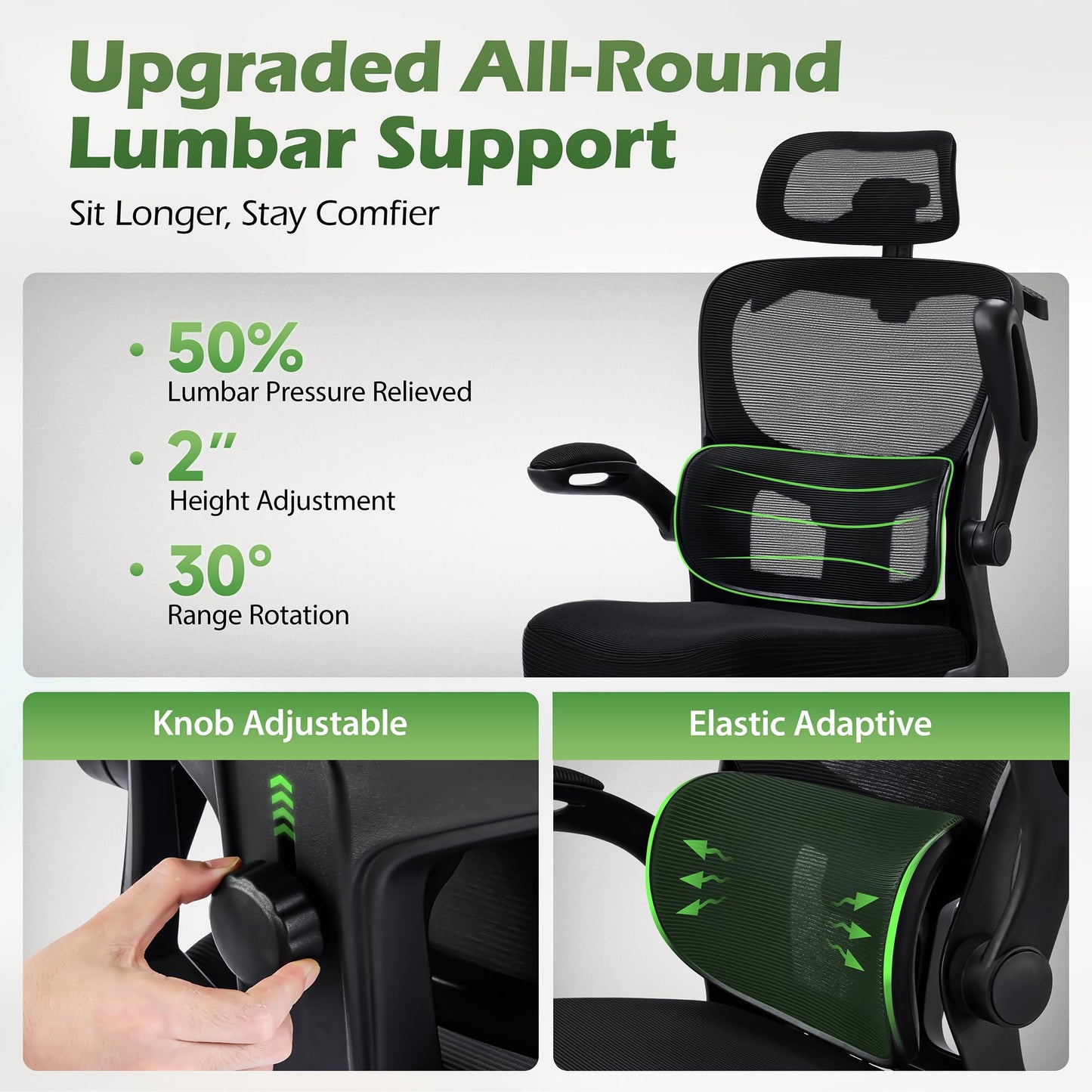 AreShark Office Chair Ergonomic Desk Chairs with Adjustable Lumbar Support& Headrest Hanger, High Back Breathable Mesh Chair with Wheels, Rolling Swivel Comfy Task Computer Chair for Home Work Gaming