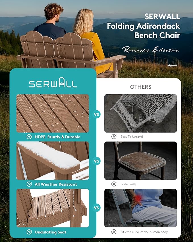 SERWALL 3 Pieces Patio Adirondack Bench Set, 2 Folding Adirondack Bench and 1 Coffee Table Set for Front Porch Garden Balcony Backyard, Brown