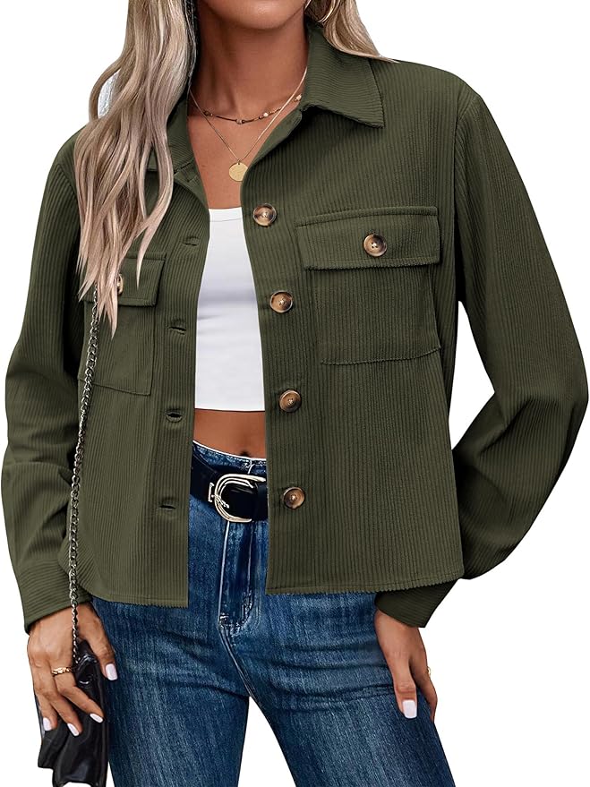 Zeagoo Womens Fashion Cropped Corduroy Shackets Button Down Jackets Tops Fall Trendy Lightweight Long Sleeve Shirts