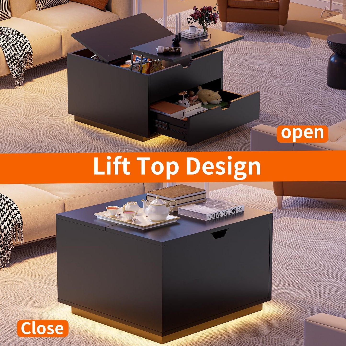 Etemnozon Lift Top LED Coffee Table with Storage,31.5" High Gloss Square Coffee Table with Large Hidden Storage, Living Room Table Wood Center Table for Living Room Home Office,Black