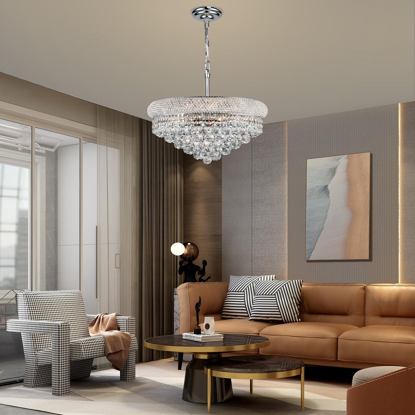 Crystal Chandeliers for Dining Room Light Fixtures Over Table, Empire Style k9 Crystal Chandelier for Bedroom, 9 Lights Chrome Luxury Lighting Fixtures for Living Room Kitchen lsland Entryway D22 Inch