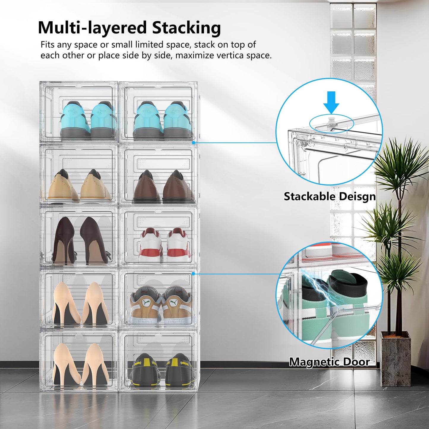 Kjfeoiye 12 Pack Hard Sturdy Thickened Rigid XX Large Shoe Storage Organizer for Closet, Clear Stackable Sneaker Shoe Boxes Rack Containers Display Case Bins with Lids, White