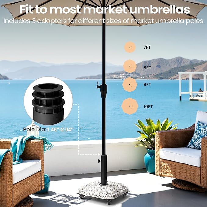 VredHom 45lbs Patio Umbrella Base with 4 Wheels, Square Cobblestone Concrete Stand, Heavy Duty Market Umbrella Stand for Outdoor