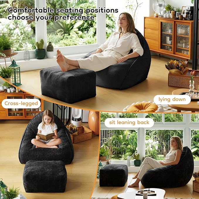 Cloud Large Bean Bag Chair with Ottoman, Corduroy Fabric+35D Memory Foam Big Beanbag Chair for Adults,Lounger Chairs Sofa Boneless Puff Chair for Living Room, Bedroom,Balcony,Playroom (Black)
