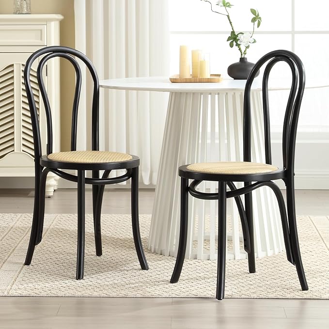 DM Furniture Solid Wood Dining Chairs Set of 4 Mid-Century Modern Rattan Kitchen Room Chairs with Backrest Bentwood Bistro Chairs for Dining/Living Room,Cafe, Black Wood