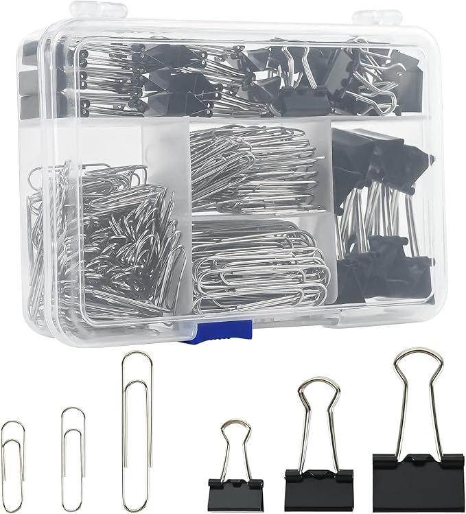 Assorted Size Binder Clips & Jumbo Paper Clips Set - 340pcs Black, Large for Office & School Supplies, in Container with C...