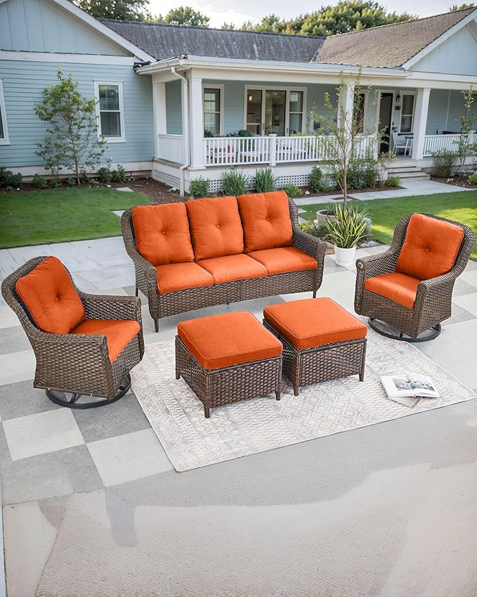 ACTREST Patio Couch Outdoor Wicker Sofa - Heavy Duty All-Weather Brown Rattan 3-Seater with High Back and Comfortable Thick Cushions for Garden Back Porch Poolside Apartment - Orange