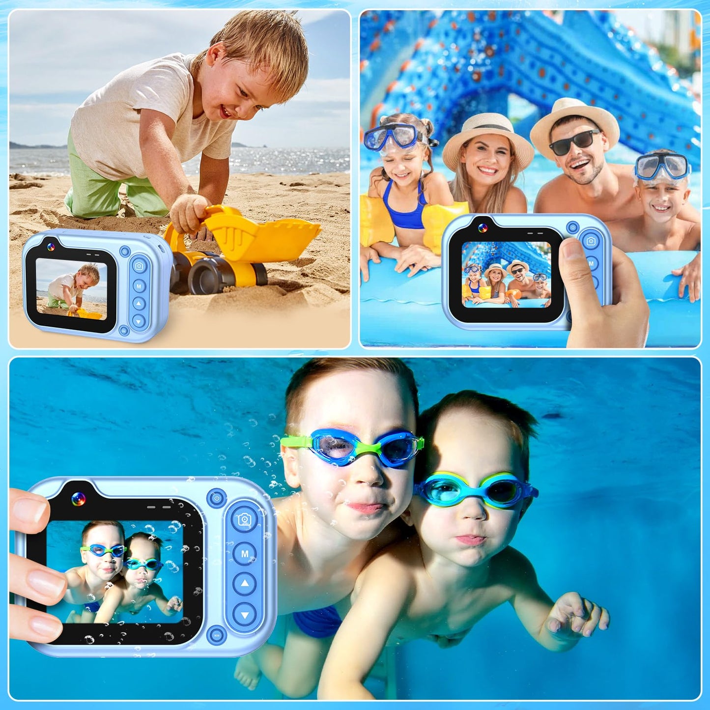 Nawchedo Kids Waterproof Camera, 10FT Underwater Camera, 26MP HD 10X Digital Camera with 2.4" IPS Screen, Kids Action Camera, Blue