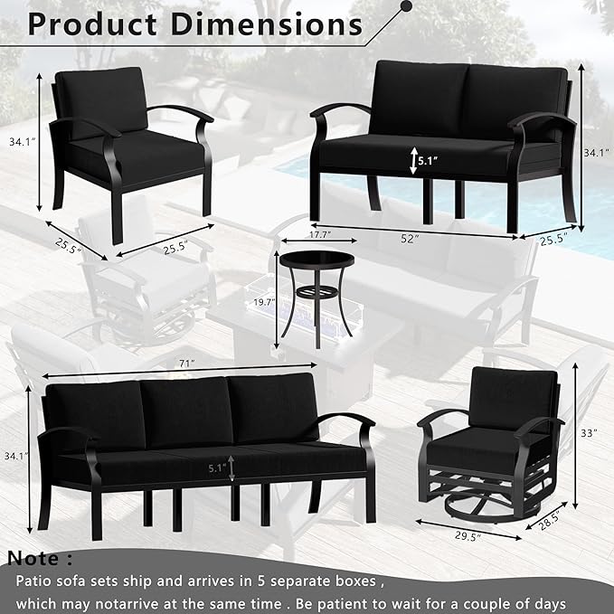 RTDTD Aluminum Outdoor Patio Furniture Set,4 Pieces 7 Seats Patio Conversation Sets with 45" Propane Fire Pit Table,Metal Patio Sectional Furniture Set w/5.1" Cushions for Porch,Deck,Backyard,Black