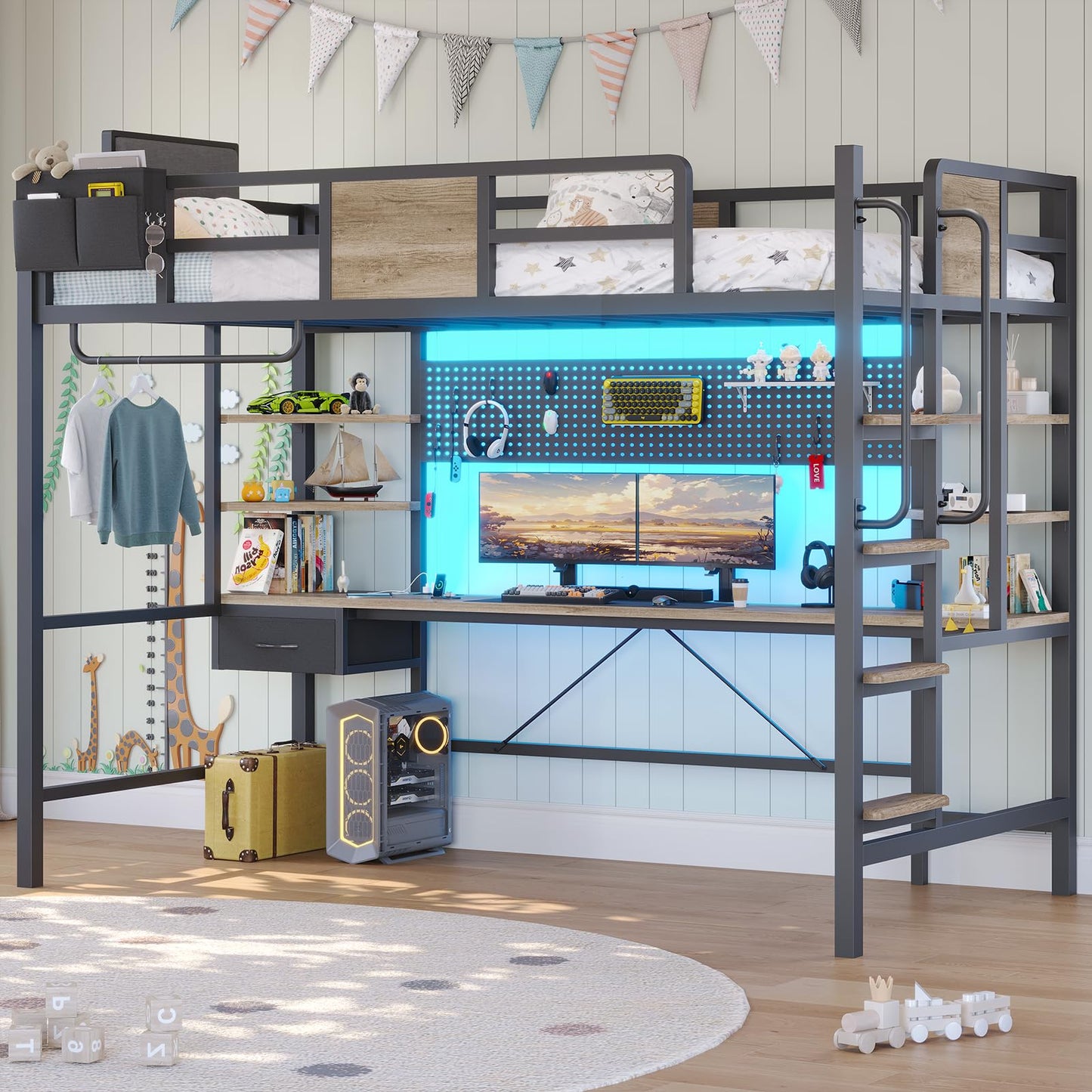 Loft Bed with Desk, Twin Bunk Bed with Desk Underneath,Loft Bed with Stairs,LED Lights and Charging Station,Safety Guard & Ladder & Fabric Drawer, loft Bed Twin Size No Box Spring Needed, Oak Gray