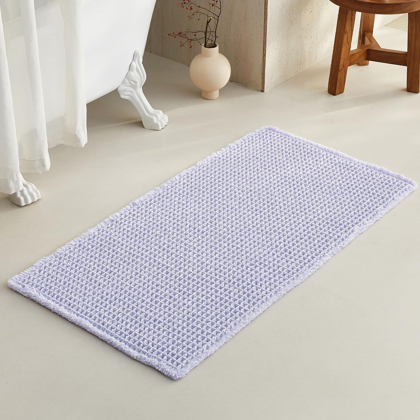 Waffle Bath Mat, Boho Bathroom Rugs Non Slip Washable Super Absorbent Quick Dry Cute Bath Mat Farmhouse Bathroom Decor, 48''x24'' Lavender Cream