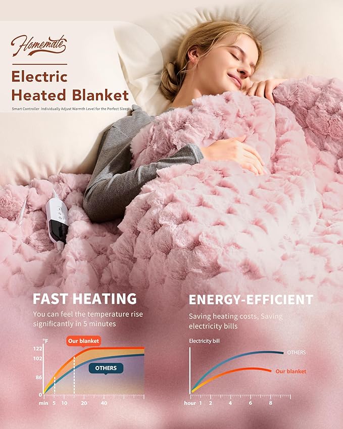 Homemate Electric Heated Throw Blanket - 50"x60" Luxury Faux Fur Heating Bed Blankets with 10 Heating Levels 8 Hours Auto Off Fast Heating Over-Heated Protection Ultra Soft Warm Flannel ETL Certified