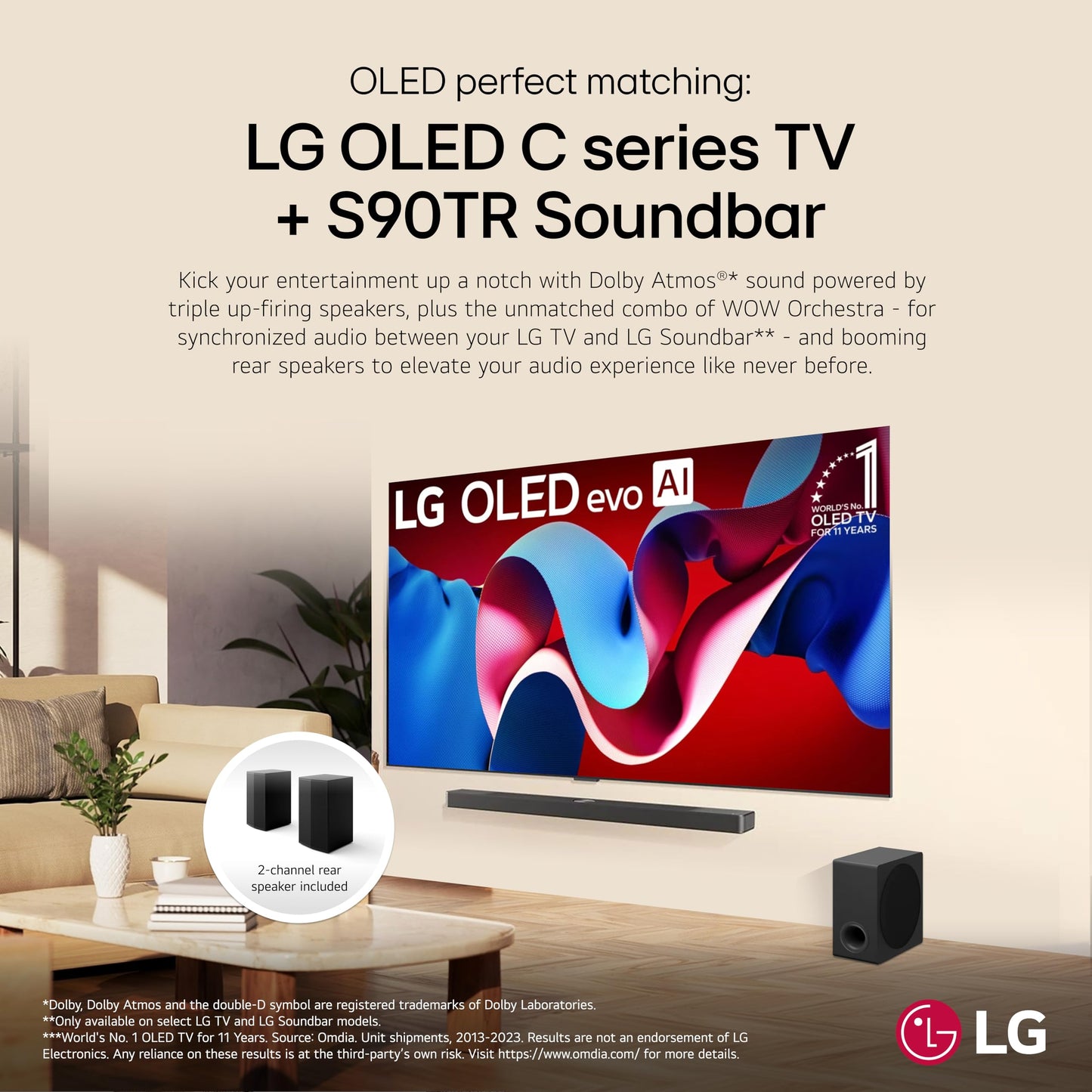 LG S90TR 7.1.3-Channel OLED evo TV Matching Home Theater Soundbar with Rear Surround Speakers and Wireless Subwoofer, Wow Orchestra, Dolby Atmos, WOWCAST Built-in