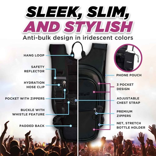 Rave2o Rave Hydration Backpack – Anti-Theft Festival Hydration Pack with 1.5L Leakproof TPU Bladder – Slim, Insulated Water Pack Secret Pockets & Breathable – Raves, Music Festivals, EDC - Prism Black