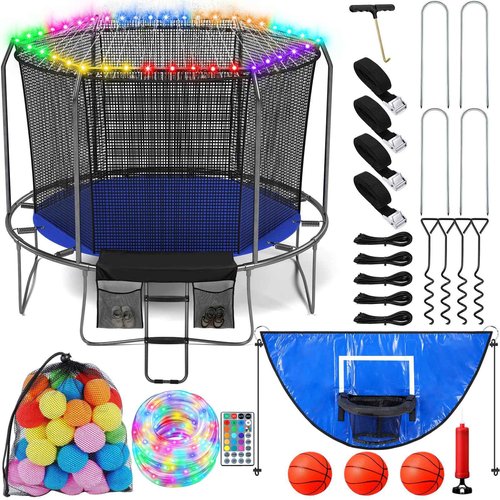 Halloscume 70 Pcs Trampoline Accessories Kit, Trampoline Ladder 49.2 ft LED Trampoline Lights Trampoline Sprinkler, 8 Trampoline Stakes, Spring Pull Tool, 51 Water Balls and Trampoline Basketball Hoop
