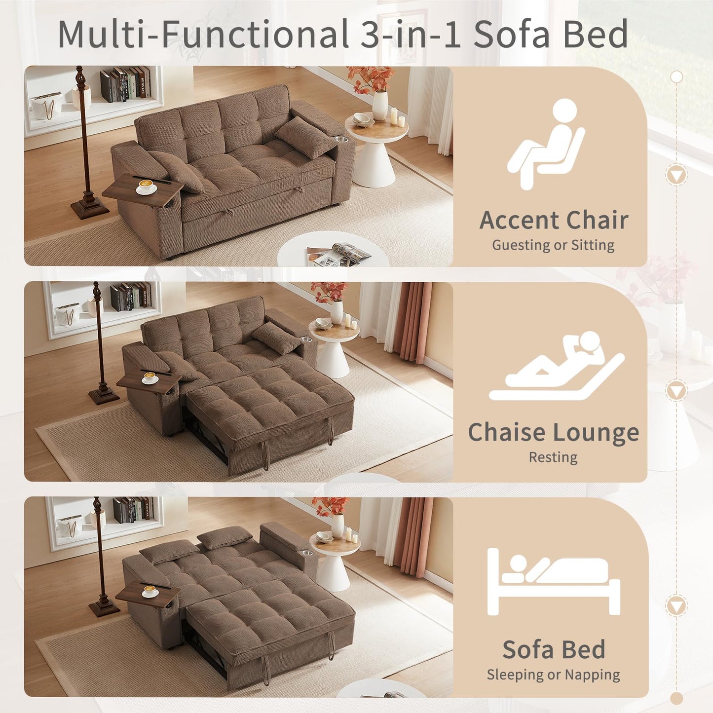 hansones 65'' 3-in-1 Folding Convertible Sofa Bed, Queen Size Pullout Sofa, Modern Chenille Fabric, 360° Swivel Side Table, Easy Assembly, Perfect for Living Room