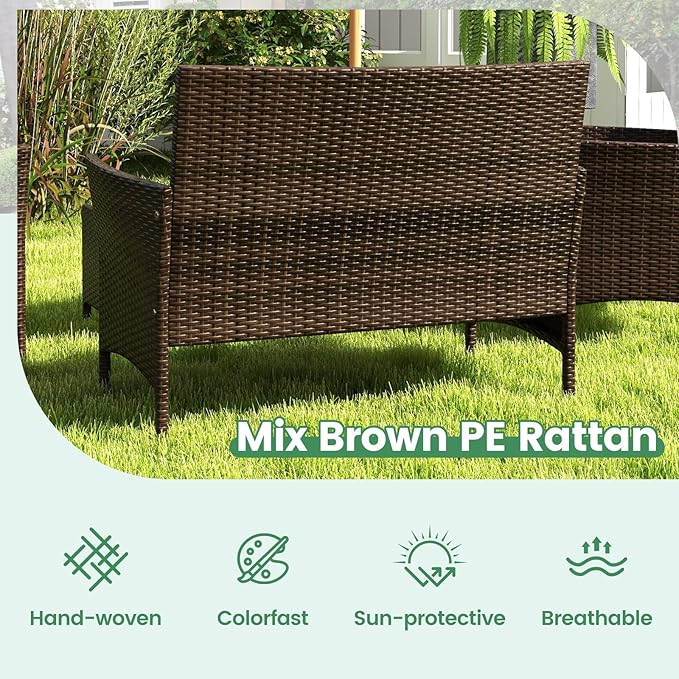 RELAX4LIFE 4-Piece Patio Furniture Set - Rattan Outdoor Conversation Bistro Set w/Cushions, Glass Coffee Table, Wicker Chairs & Loveseat for Garden Backyard Porch, Balcony Furniture Set (1, Black)
